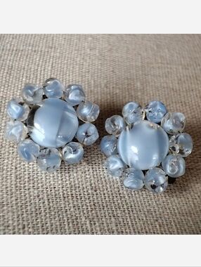 Blue Glass Marbled Light Blue Vintage Clip Earrings Signed Western Germany Brass